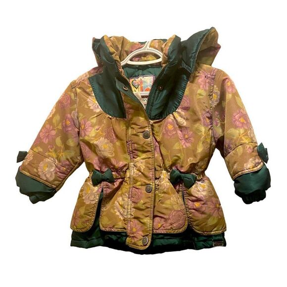 Kute Kiddie Vintage Green Purple Floral Hooded Bow Detail Winter Coat 4T - Picture 1 of 11